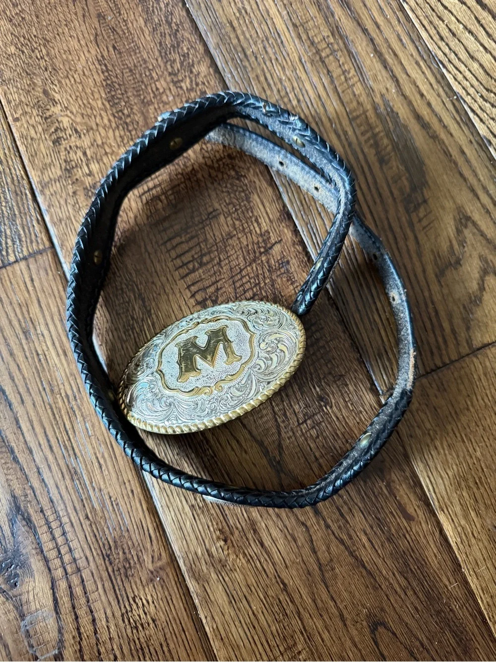 CRUMRINE HeavySilver Buckwith TONY LAMA Braided Belt with Gold Oval Initial 'M'